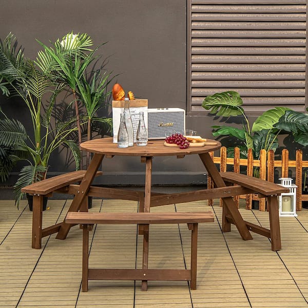6-person Round Wooden Picnic Table Outdoor Table with Umbrella Hole and Benches