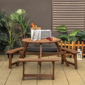 6-person Round Wooden Picnic Table Outdoor Table with Umbrella Hole and Benches