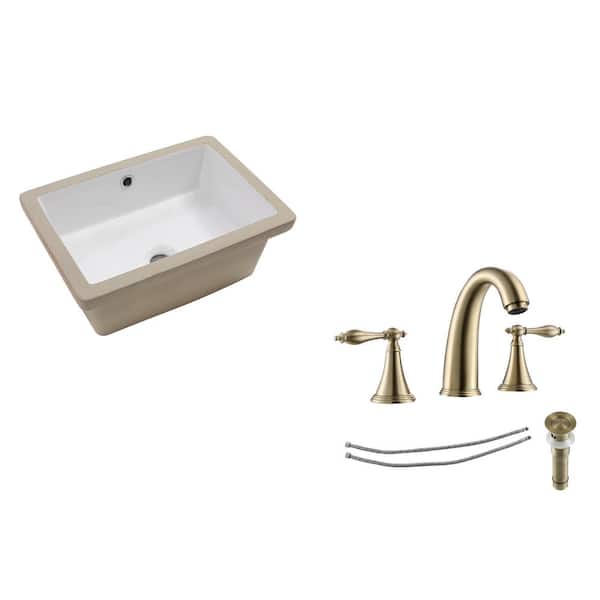 Sarlai 18 in. Round Corner Bathroom Sink Vessel Bath Basin in White Ceramic with Faucet and Pop-up Drain in Gold, Overflow