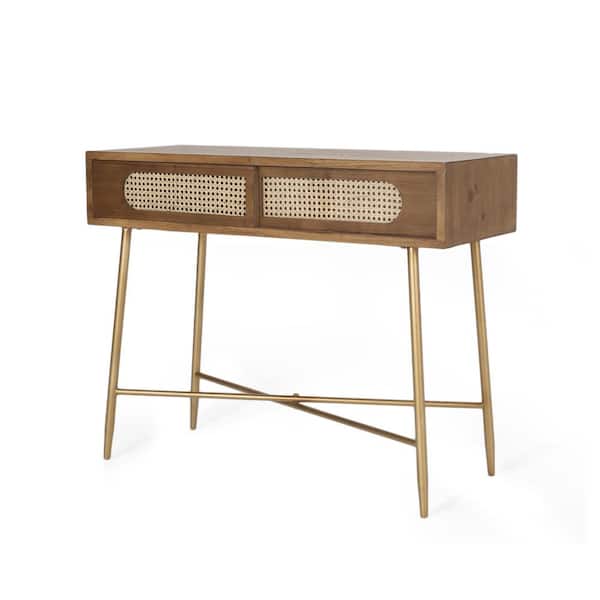 Noble House Pilster Walnut Natural and Antique Gold Wicker Accent Console Table