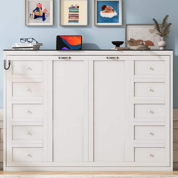 Briana White Wood Frame Queen Size Murphy Bed, Hidden Wall Bed Cabinet with Folding into Cabinet, LED Light