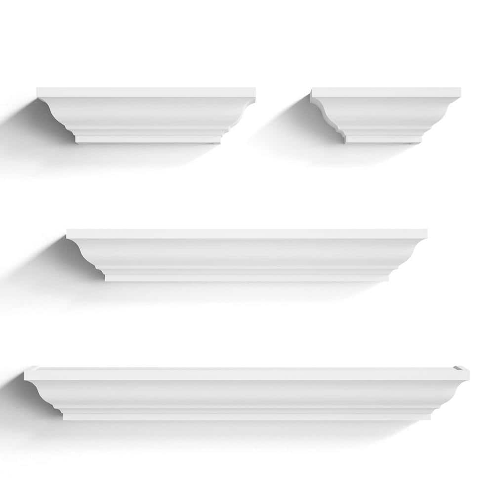 White Solid Wood Floating Wall Shelves Set of 4