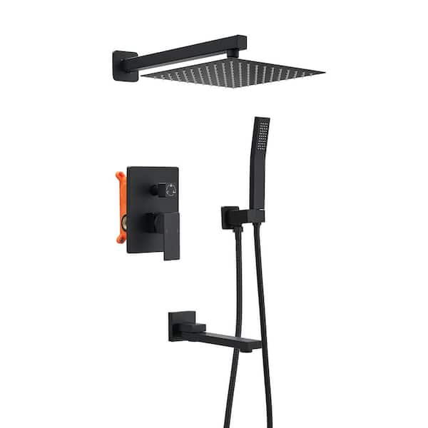 Single Handel 3-Spray Tub, hower Faucet 2. 5 GPM, 10 in. Square Shower Head with Tub Spout in Matte Black Valve Include