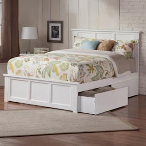 Madison White Solid Wood Frame Queen Platform Bed with Matching Footboard and Storage Drawers