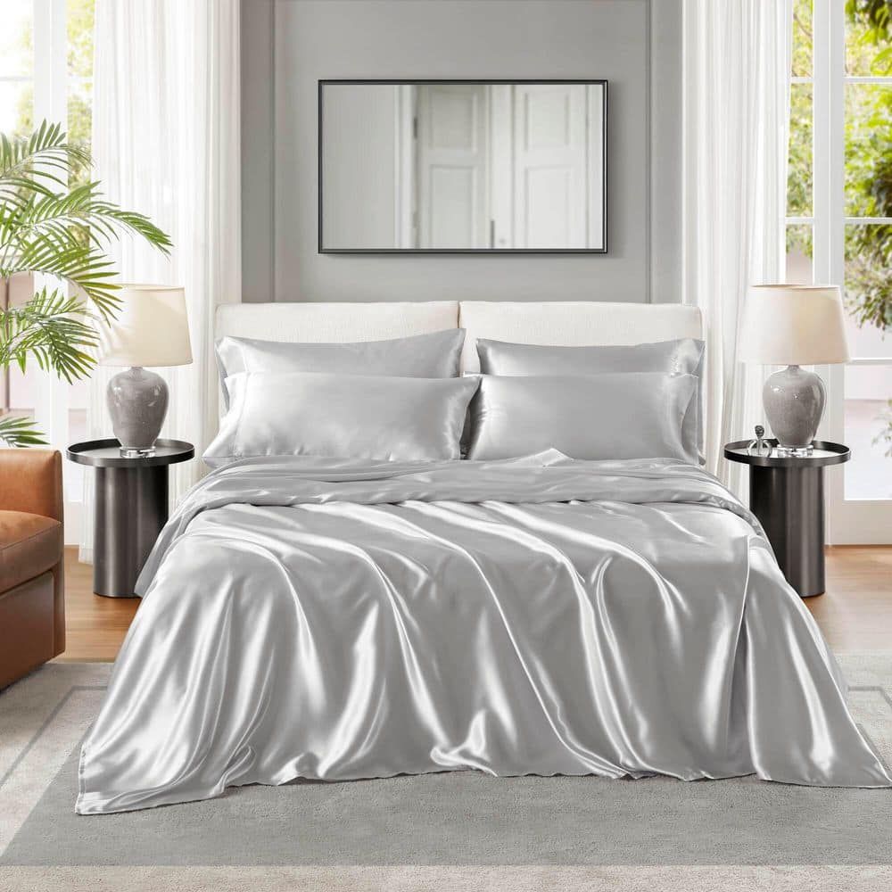 King Gray Satin Polyester Sheet Set with Pillowcases