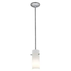 Cylinder 1-Light Brushed Steel Metal Pendant with Opal Glass Shade