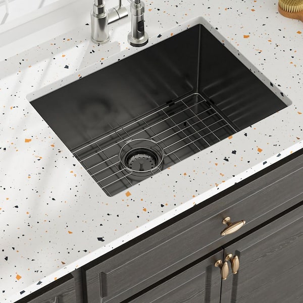 24 in. Undermount Single Bowl 16 Gauge Gunmetal Black Stainless Steel Kitchen Sink with Bottom Grids