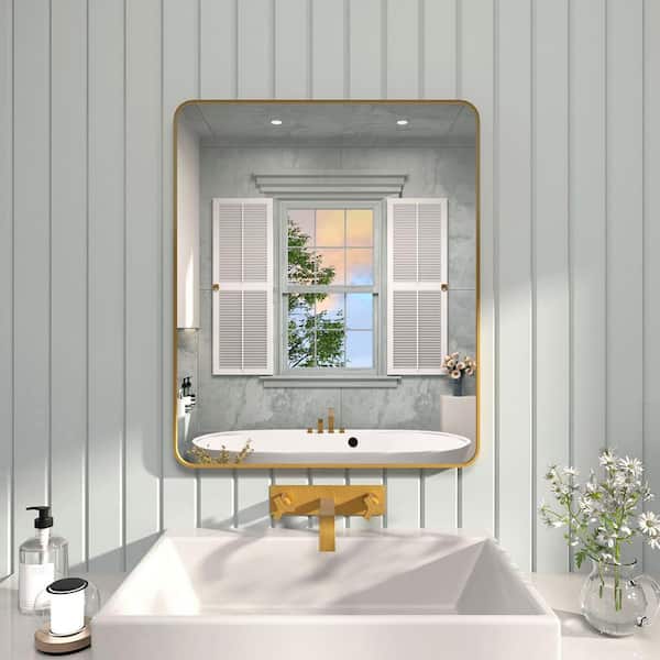 TaiMei 30 in. W x 36 in. H Rectangular Framed Wall Bathroom Vanity Mirror in Gold