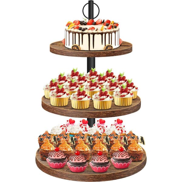 3-Tier Brown Wooden Cupcake Stand for 50 Cupcakes, Wood Cupcake Tower Cake Stand Tiered Tray Stand for Wedding Birthday
