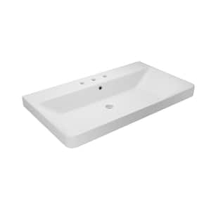 Luxury Wall Mounted/Drop-In Sink 80 Matte White Ceramic Rectangular with 3 Faucet Holes