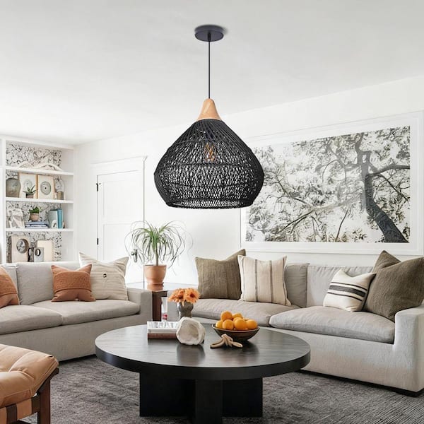 1 Light Black Hand-Woven Rattan Pendant Light with Pear Shape, No Bulbs Included 24 in.