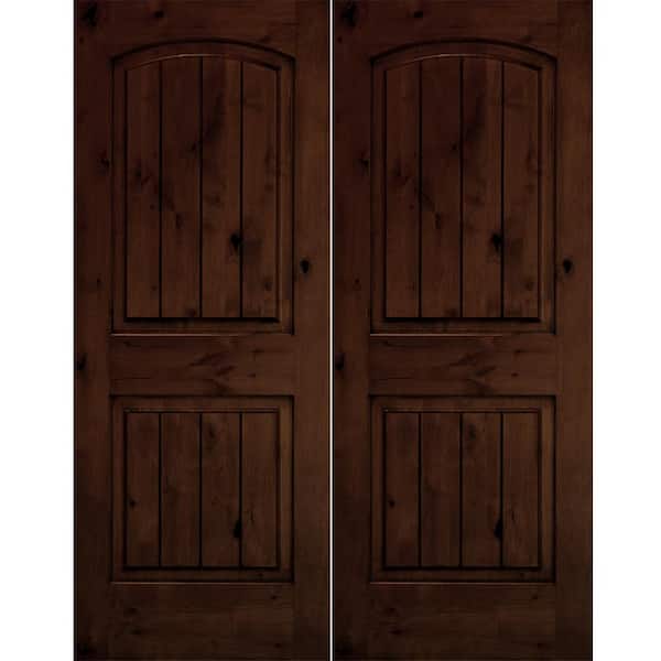 Krosswood Doors 60 in. x 96 in. Rustic Knotty Alder Arch Top Red Mahogony Stain/V-Groove Left-Hand Wood Double Prehung Front Door