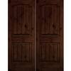 Krosswood Doors 64 in. x 80 in. Rustic Knotty Alder Arch Top Red Mahogony Stain/V-Groove Left-Hand Wood Double Prehung Front Door PHED.KA.002V.54.68.134.LA.RM