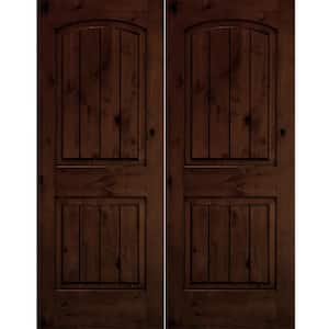 64 in. x 80 in. Rustic Knotty Alder Arch Top Red Mahogony Stain/V-Groove Left-Hand Wood Double Prehung Front Door
