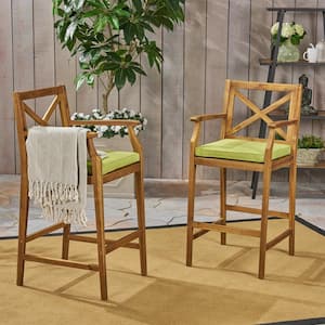 Perla Teak Brown Wood Outdoor Bar Stool with Green Cushion (2-Pack)