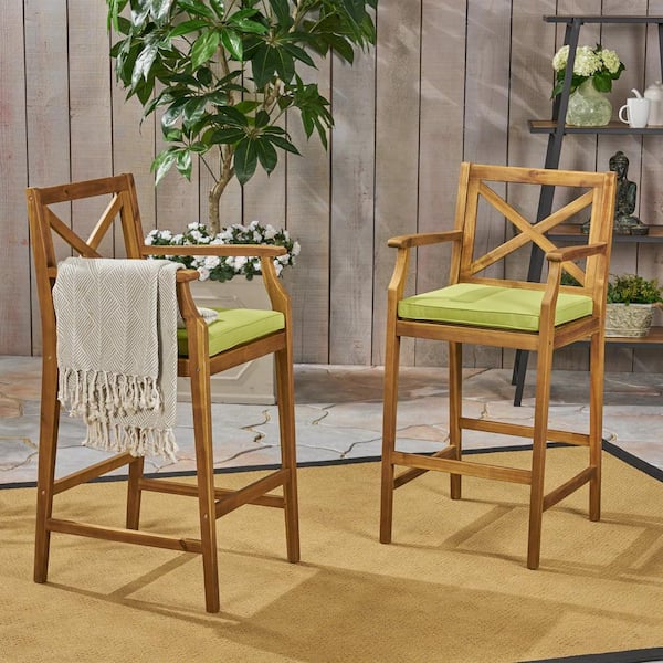 Noble House Perla Teak Brown Wood Outdoor Bar Stool with Green Cushion (2-Pack)