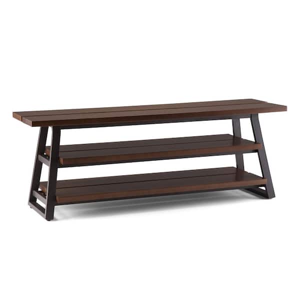 Simpli Home Adler 66 in. Light Walnut Brown Wood TV Stand Fits TVs Up to 72 in. with Open Storage