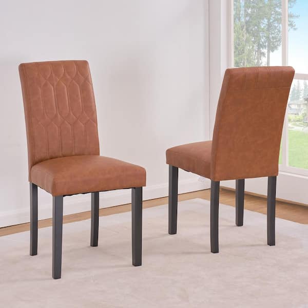 Upholstered Dining Chairs Set of 6, Modern PU Leather, Solid Wood Legs with Rubber Footpads, Brown Kitchen Table Chairs
