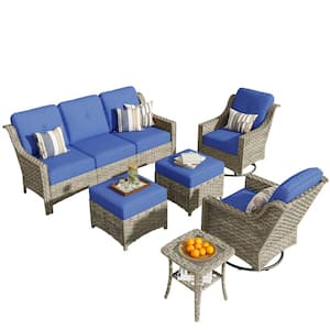 Leila 6-Piece Wicker Patio Conversation Seating Sofa Set with Navy Blue Cushions and Swivel Rocking Chairs