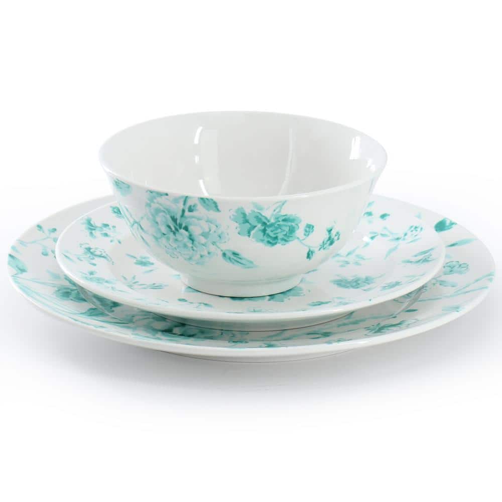 Teal Floral Porcelain 12-Piece Round Dinnerware Set