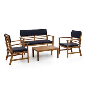 Hana 4-Piece Acacia Wood Small Space Patio Conversation Set With Denim Blue Cushions