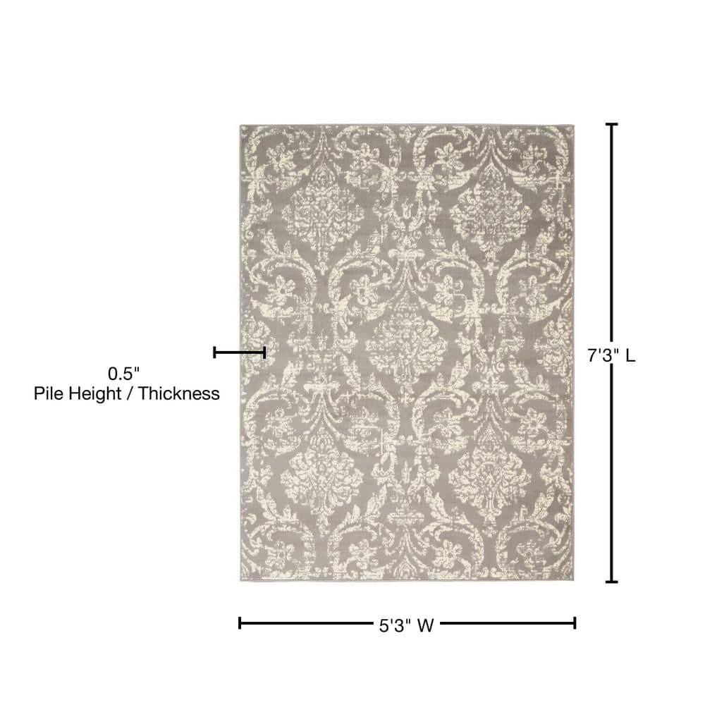 Gray and Ivory Damask 5'3" x 7'3" Synthetic Area Rug