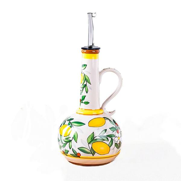 18.3 oz. Lemon Pattern Ceramic Olive Oil Dispenser Bottle with Drip-Free Spout and Handle