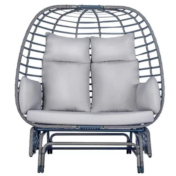 Brafab 2-Person Wicker Outdoor Rocking Lounge Egg Chair with Grey Cushion