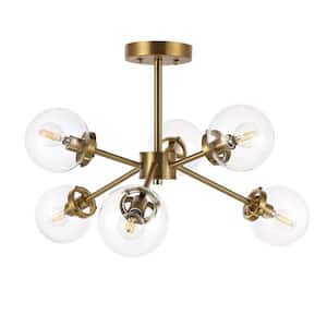 22.6 In. 6-Light Gold Modern Semi-Flush Mount, Sputnik Pedant Light Fixture with Large Clear Glass Globe Shade