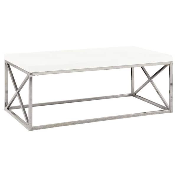 Monarch Specialties 44 in. White/Chrome Large Rectangle Marble Coffee Table with Metal Design