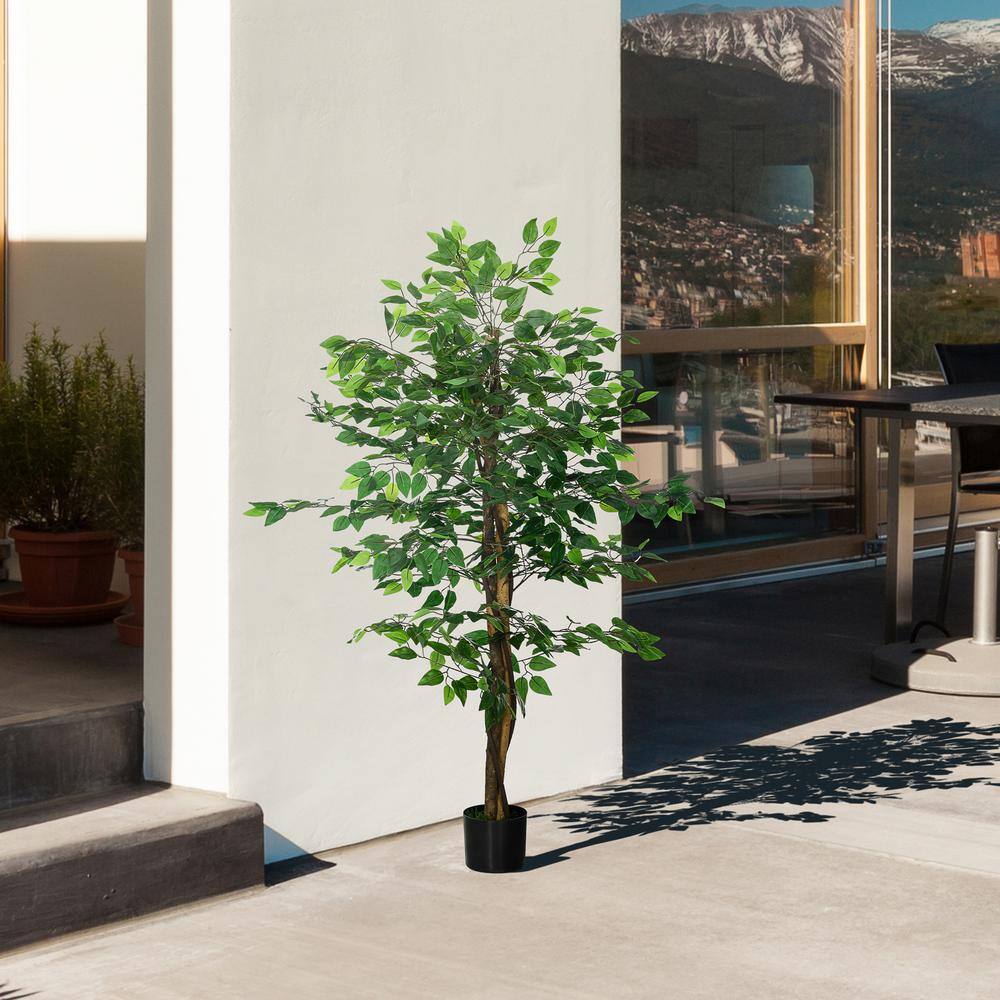 59'' Green Plastic Potted Artificial Ficus Tree for Indoor Outdoor