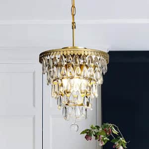 14in. 3-Lights Antique Brass Glam Chandelier Pendant Ceiling Lighting with Hanging Teardrop Crystals