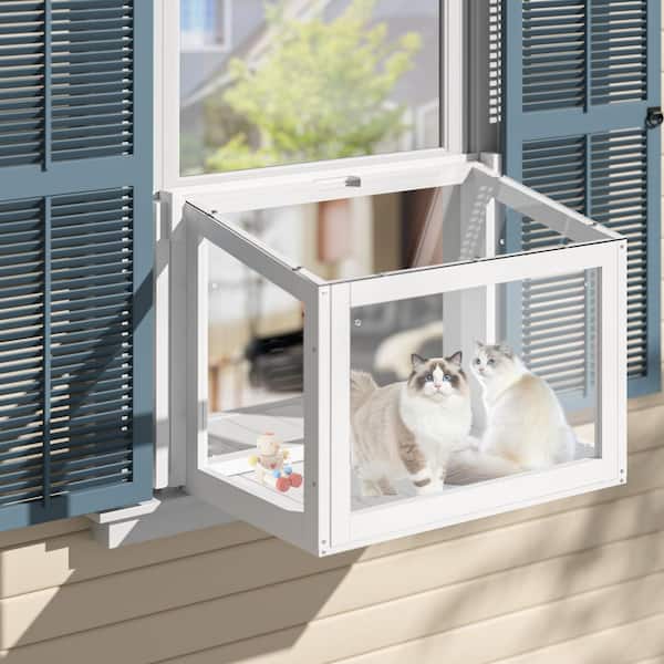 Cat Window Box, Catio Outdoor Cat Enclosure Window with Water-Resistant Transparent Top and Adjustable Honeycomb Curtain