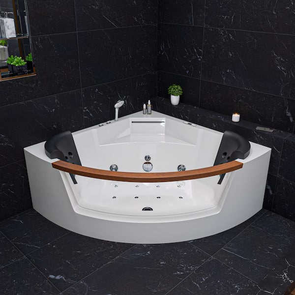 59 in. Acrylic Offset Drain Corner Apron Front Whirlpool Bathtub in White