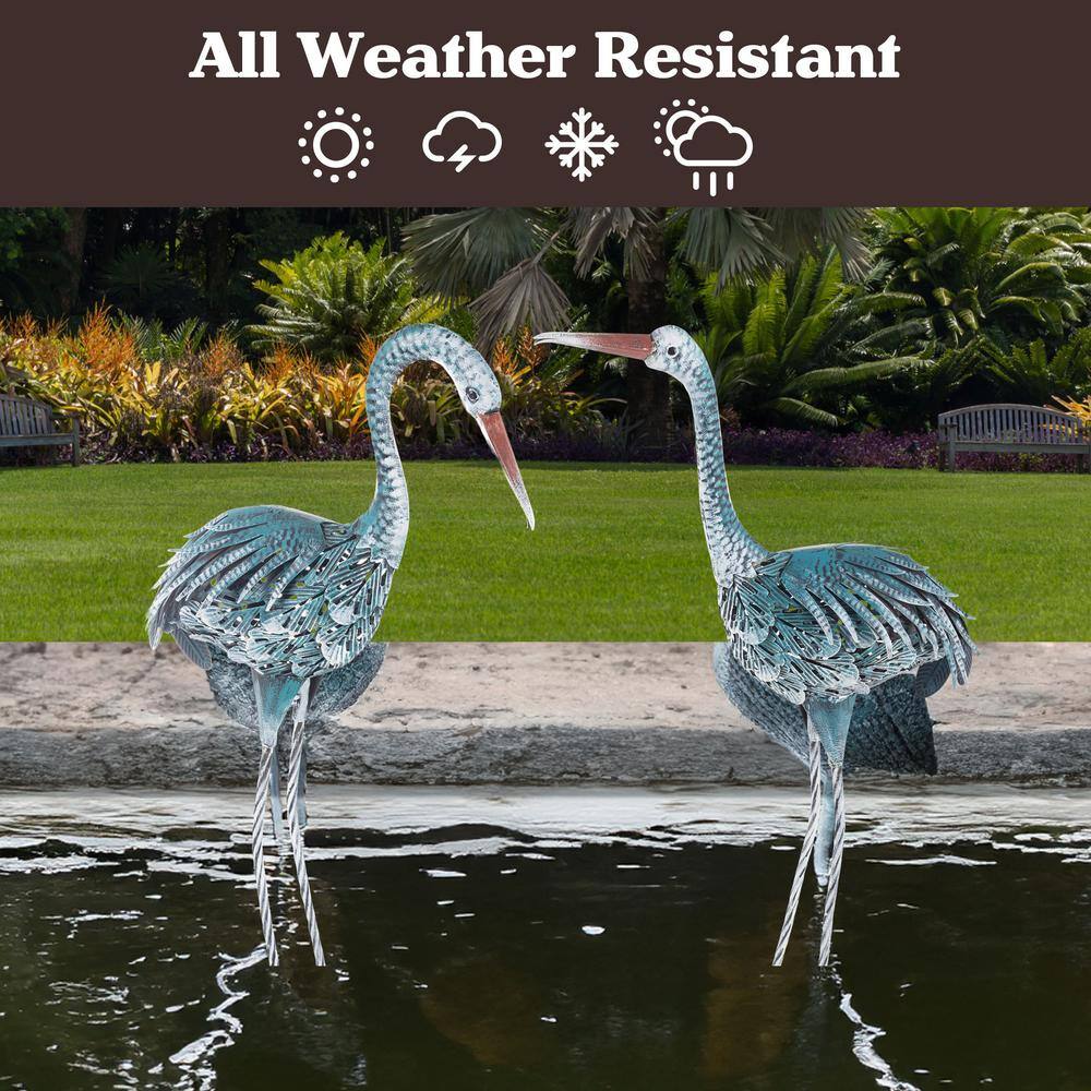Hand-Painted Blue Metal Crane Garden Statues Set