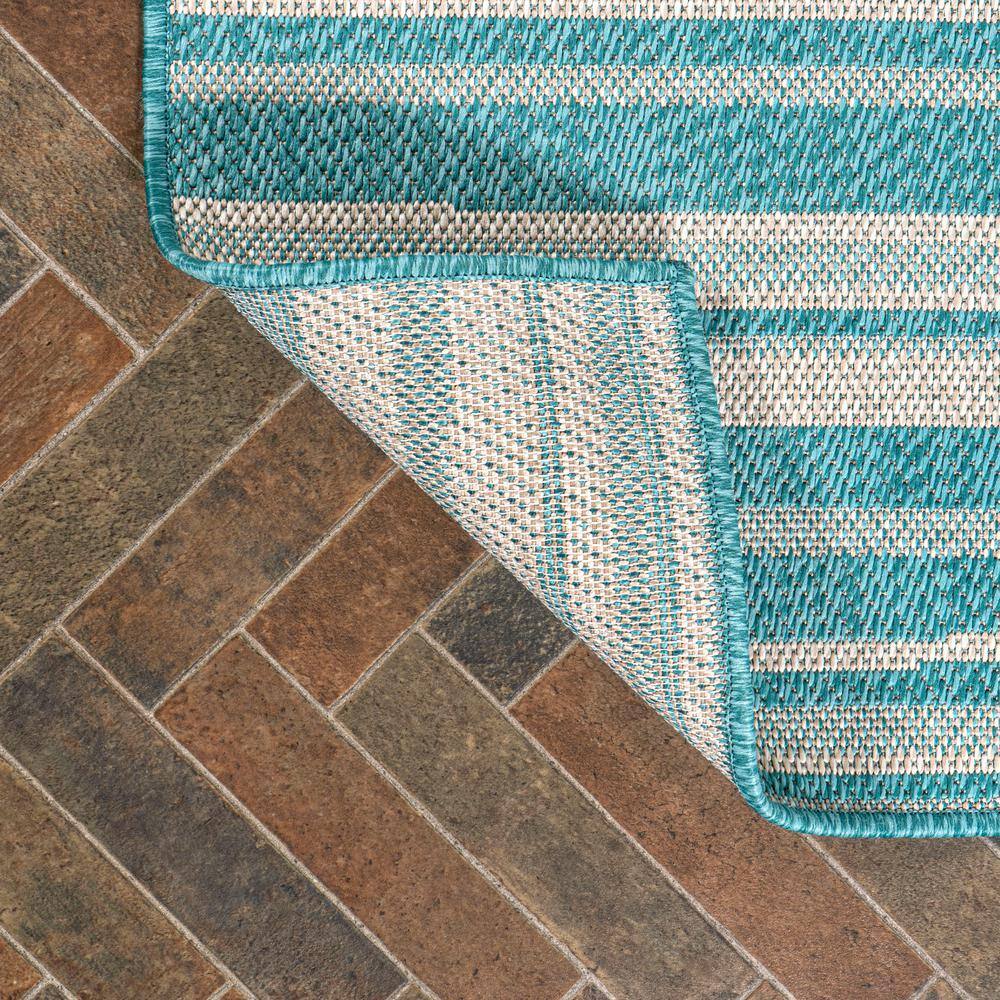 Aqua and Cream Stripe Synthetic 4' x 6' Indoor/Outdoor Rug