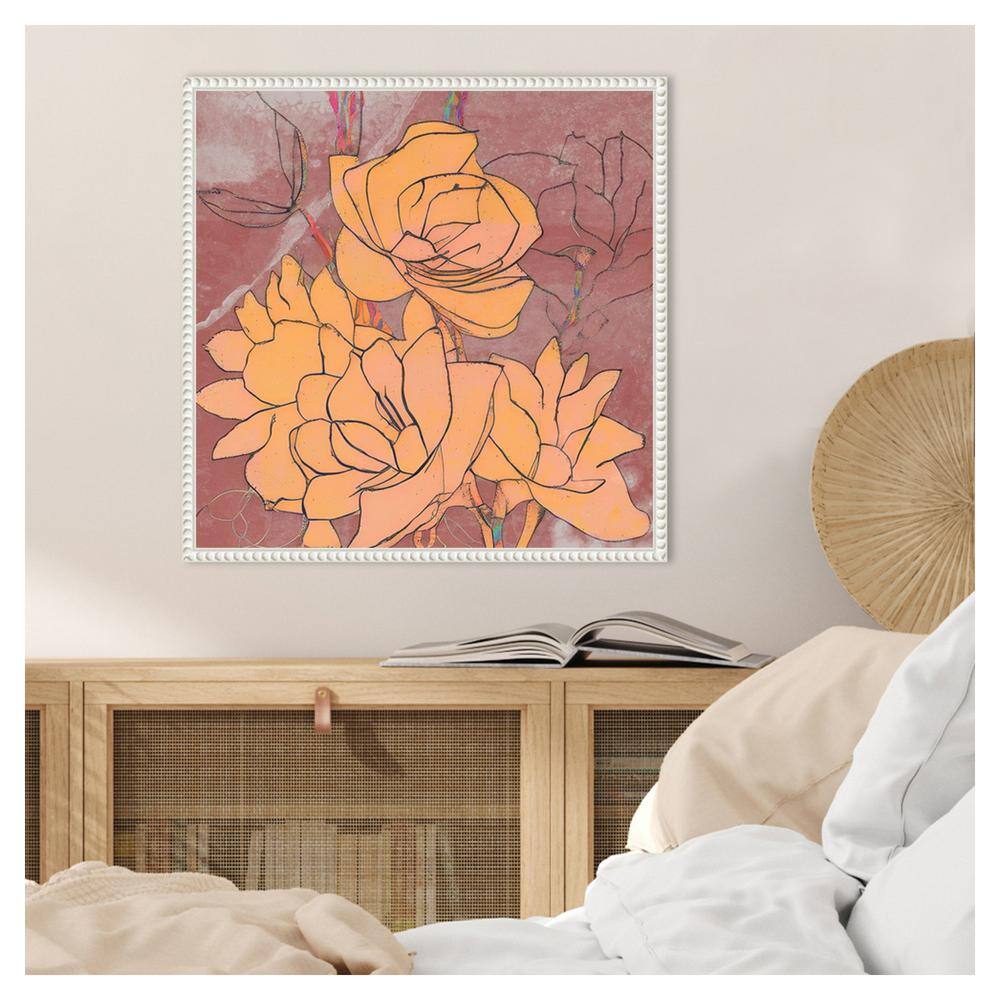 Abstract Pale Roses Peach and Mauve Canvas Wall Art with White Frame