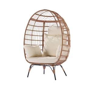 Oversized Wicker Egg Chair Patio Indoor Outdoor Lounge Chair with Beige Cushion