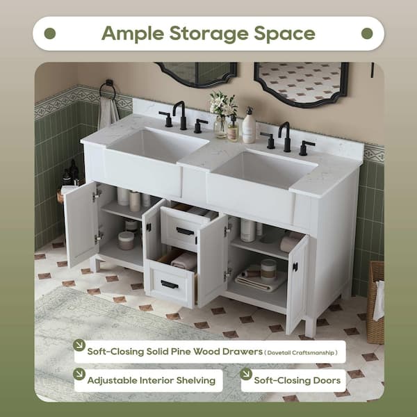 Richfield 61 in. Double Sink Freestanding White Bath Vanity with White Engineered Stone Top and Backsplash Assembled