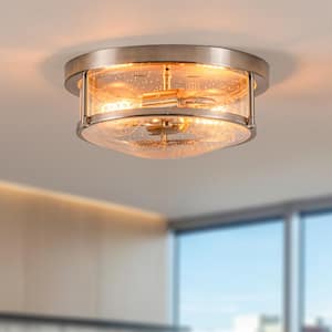 Lumin 11.8 in. 2-Light Nickel Flush Mount with Drum Seeded Glass Shade Dimmable Ceiling Light