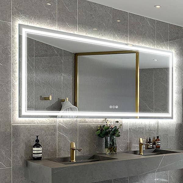 Lonni 72 in. W x 32 in. H Rectangular Frameless Anti-Fog Front and Rear LED Lighted Wall Bathroom Vanity Mirror and Dimming