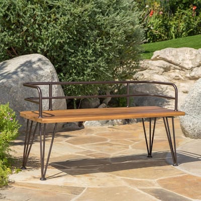Calista 48 in. Industrial Rustic Finished Iron and Teak Finished Acacia Wood Outdoor Bench