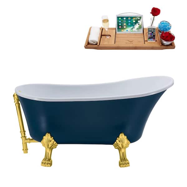 Streamline 63 in. Acrylic Clawfoot Non-Whirlpool Bathtub in Matte Light Blue With Polished Gold Clawfeet And Polished Gold Drain