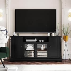 Modern Black MDF 59.8 in. Sideboard Buffet with 2-Tempered Glass Doors and Adjustable Shelves