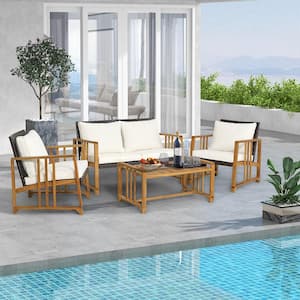 4-Pieces Patio Mix Brown Wicker Sofa Set Acacia Wood Frame with Seat and Back Off White Cushions