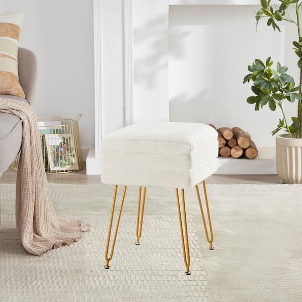 Lirago White Velvet Storage Vanity Stool for Makeup Room and Living Room