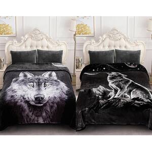 Black White Polyester Wolf 83 in. x 91 in. Reversible Printed Fleece Mink Warm Thick Winter Blanket