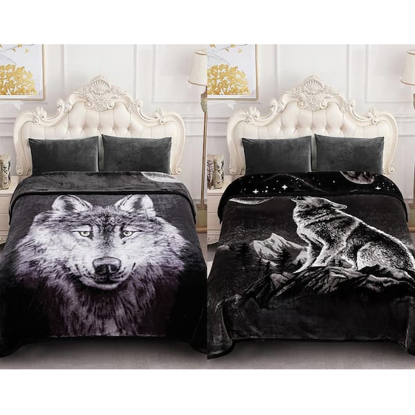 JML Black White Polyester Wolf 83 in. x 91 in. Reversible Printed Fleece Mink Warm Thick Winter Blanket