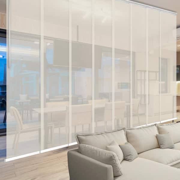 EMOH Ivory Mesh 130 in.- 175 in. W x 94 in. L Adjustable 8-Panel Black Double Rail Panel Track with 23.5 in. Slates