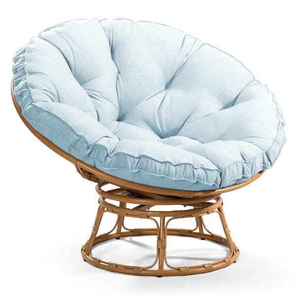 Unbranded Outdoor Brown Wicker Lounge Chair 360° Swivel Base, Large Saucer Chair Egg Chair with Sky Blue Cushion for Garden